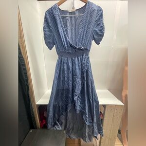 Blue Polka Dot Asymmetrical Wrap Dress